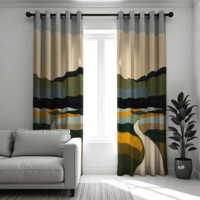 Modern Landscape Curtains, Earthy Mountain View Drapes, Custom Size Window Panels With Scenic Nature Path For Living Room Or Bedroom - image 1