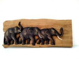 "Teak Wood Carving Of Three Elephants Family Natural Art Hand Carved Elephant Home Decor Wall Hanging/Gift Sculpture 21.5""x9" - thumbnail 1