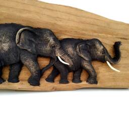 "Teak Wood Carving Of Three Elephants Family Natural Art Hand Carved Elephant Home Decor Wall Hanging/Gift Sculpture 21.5""x9" - thumbnail 3
