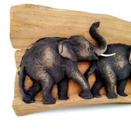 "Teak Wood Carving Of Three Elephants Family Natural Art Hand Carved Elephant Home Decor Wall Hanging/Gift Sculpture 21.5""x9" - thumbnail 2
