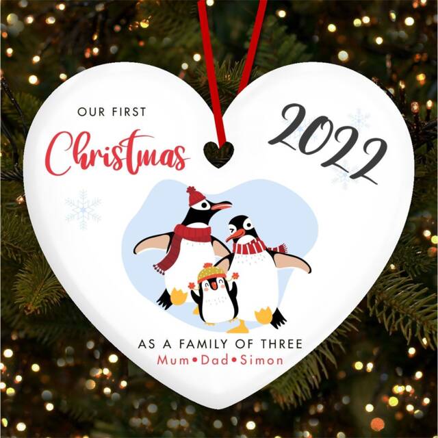 Our First As Family 3 Penguin Personalised Christmas Tree Ornament Decoration
