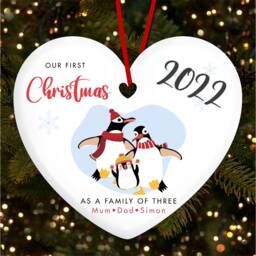 Our First As Family 3 Penguin Personalised Christmas Tree Ornament Decoration