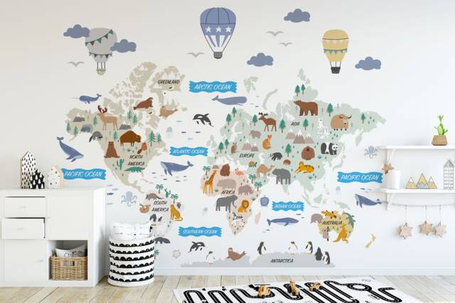 Animal World Map Wall Decal Peel & Stick Nursery Decor - image 1