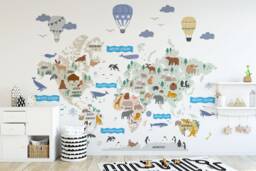 Animal World Map Wall Decal Peel & Stick Nursery Decor - thumbnail 1