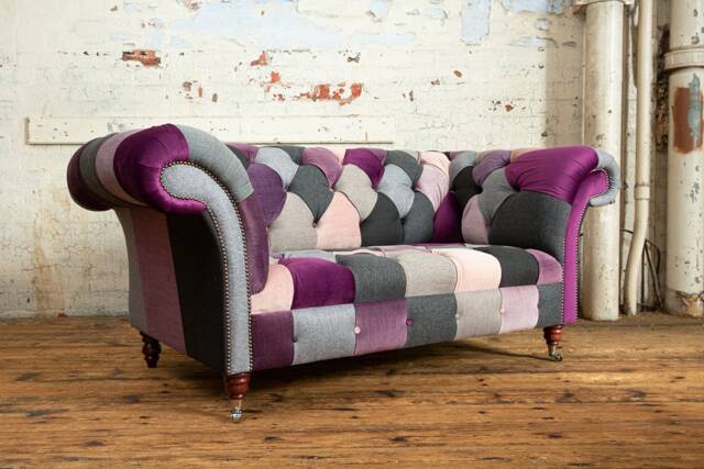 2str Patchwork Velvet Chesterfield Sofa - Purple, Pink & Grey, Unique British Handmade - image 1