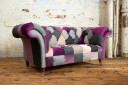 2str Patchwork Velvet Chesterfield Sofa - Purple, Pink & Grey, Unique British Handmade