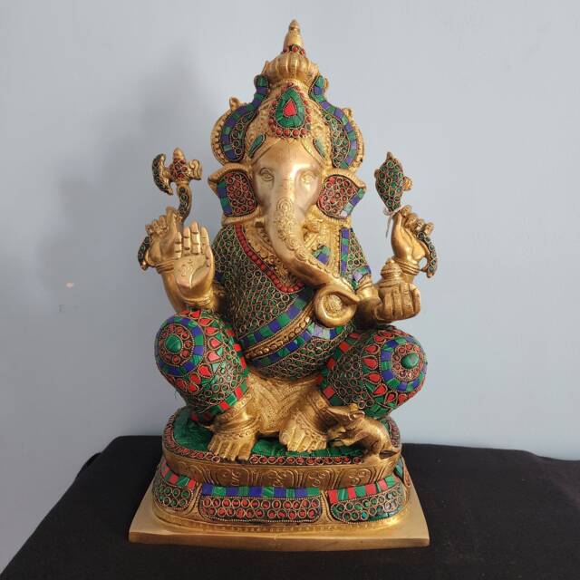 Brass Ganesha Statue - Coral Turquoise Inlay, Housewarming Gift, 16 Inch - image 1