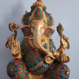 Brass Ganesha Statue - Coral Turquoise Inlay, Housewarming Gift, 16 Inch - thumbnail 2