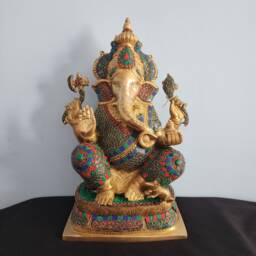Brass Ganesha Statue - Coral Turquoise Inlay, Housewarming Gift, 16 Inch - thumbnail 3