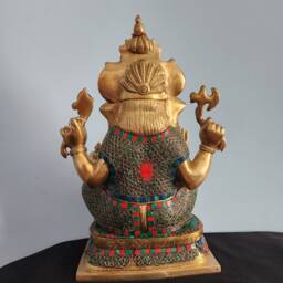 Brass Ganesha Statue - Coral Turquoise Inlay, Housewarming Gift, 16 Inch - thumbnail 4