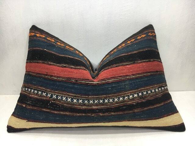 Vintage Turkish Kilim Pillow Cover, Ethnic Lumbar Cushion, 16x24 - image 1