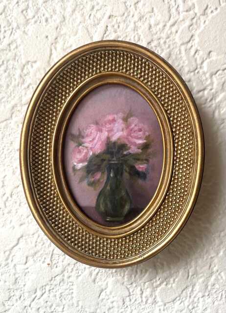 Pink Roses in A Green Vase Original Art Framed Oil Painting Print Vintage Oval Gold Frame Wall - image 1