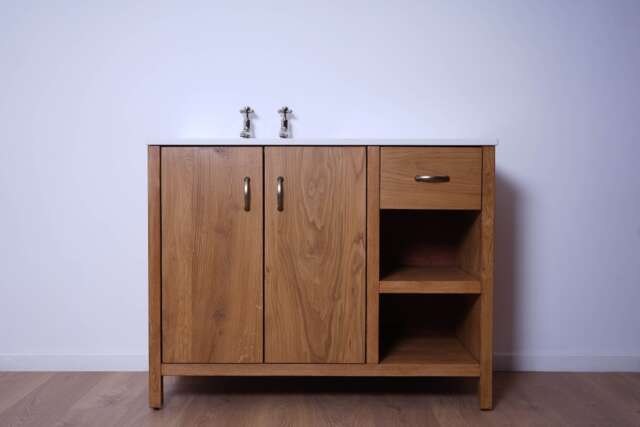 Oak Bathroom Vanity Cabinet - White Carrera Quartz Top, Nickel Taps/Handleware - image 1