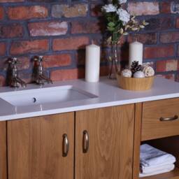 Oak Bathroom Vanity Cabinet - White Carrera Quartz Top, Nickel Taps/Handleware - thumbnail 3