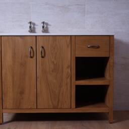 Oak Bathroom Vanity Cabinet - White Carrera Quartz Top, Nickel Taps/Handleware - thumbnail 4