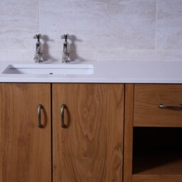 Oak Bathroom Vanity Cabinet - White Carrera Quartz Top, Nickel Taps/Handleware - thumbnail 2