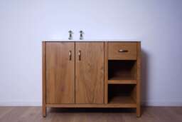 Oak Bathroom Vanity Cabinet - White Carrera Quartz Top, Nickel Taps/Handleware