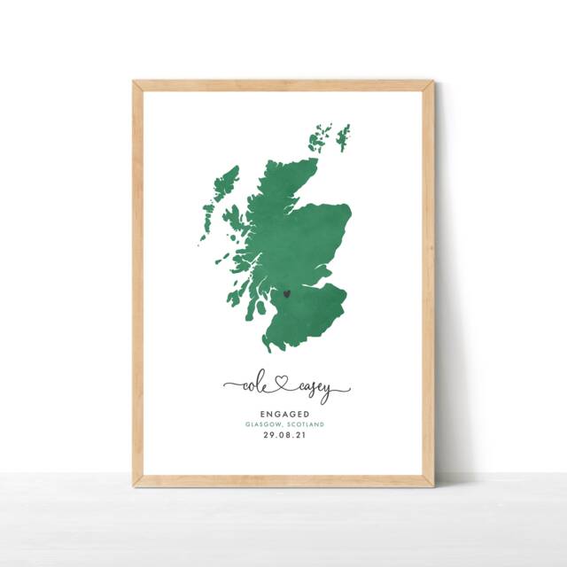 Scotland Engagement Map Print, Watercolour Wedding Map, Personalised Gift, Travel Print - image 1
