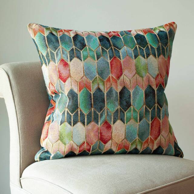 Extra-Large Vintage Venice Stained Glass Style Tapestry Cushion. Geometric Renaissance Design With Gold Detailing. 23x23 - image 1