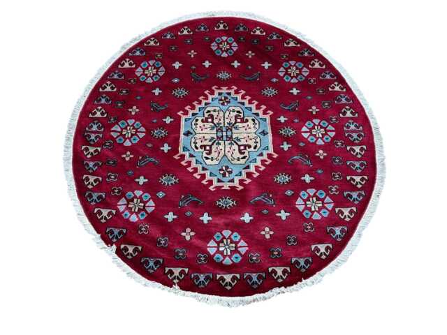 4x4 Red Hand-Knotted Wool Oriental Rug - Circle Afghan - image 1