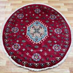 4x4 Red Hand-Knotted Wool Oriental Rug - Circle Afghan - thumbnail 2