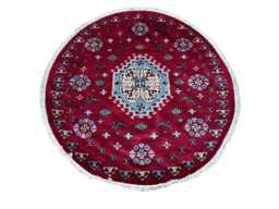 4x4 Red Hand-Knotted Wool Oriental Rug - Circle Afghan