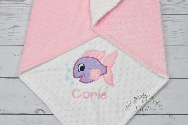 Baby Blanket Personalized Minky-Fish Baby Blanket-Fish Minky Blanket-Girl Fish Blanket-Aqua Girl Blanket - Pink Minky Blanket - image 1