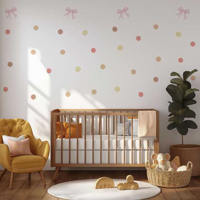 Pink Bow Wall Decals For Girls Bedroom, Neutral Nursery Stickers, Boho Polka Dot Decals, Peel & Stick Decor - image 1