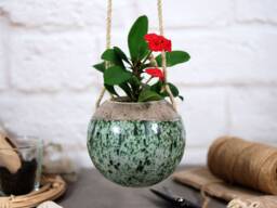 Speckled Green Ceramic Hanging Planter Bohemian Indoor Plant Hanger - thumbnail 1