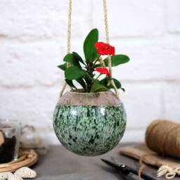 Speckled Green Ceramic Hanging Planter Bohemian Indoor Plant Hanger - thumbnail 4