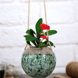 Speckled Green Ceramic Hanging Planter Bohemian Indoor Plant Hanger - thumbnail 3