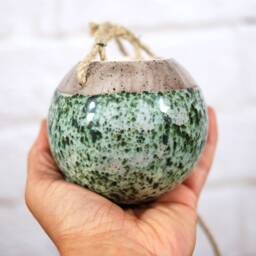 Speckled Green Ceramic Hanging Planter Bohemian Indoor Plant Hanger - thumbnail 2