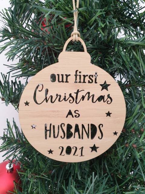 Husbands First Christmas Bamboo Ornament - Personalized Gay Wedding Gift - image 1