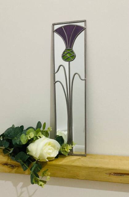Rennie Mackintosh Style Thistle 3 Stained Glass Effect Mirror Handmade Gift Catfish Glass Art Nouveau 10x40cm - image 1