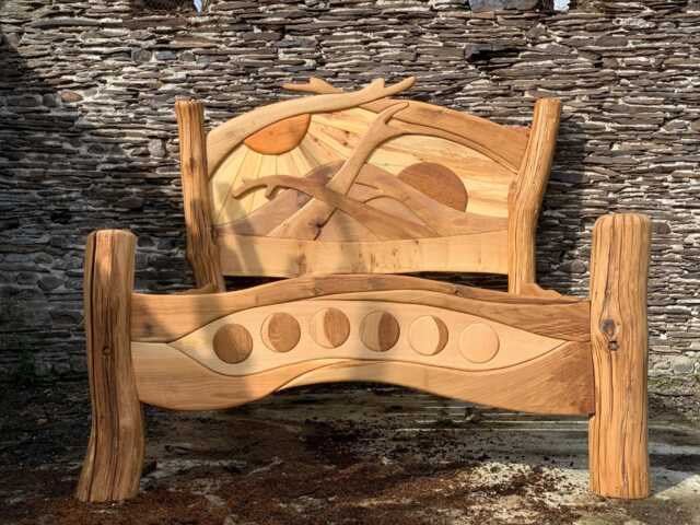 Sunrise Bed - Seven-Wood Solid Oak Headboard Hand-Carved Single Double King Super Bespoke Wales