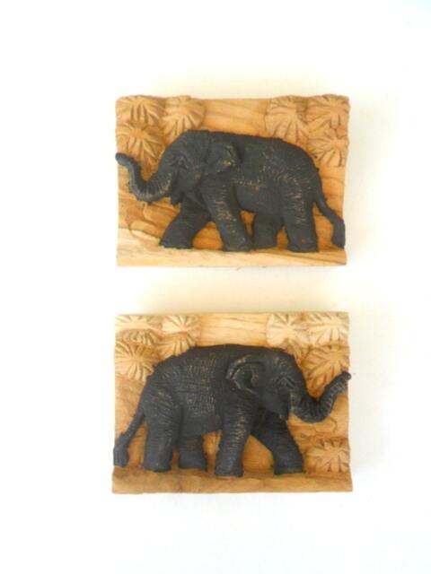 "Two Wood Carving Elephants Natural Teak Art Hand Carved Elephant Home Decor Wall Hanging/Gift Sculpture 5""x3.5" - image 1