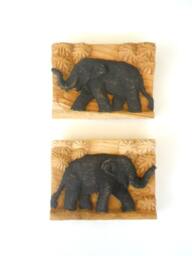 "Two Wood Carving Elephants Natural Teak Art Hand Carved Elephant Home Decor Wall Hanging/Gift Sculpture 5""x3.5"