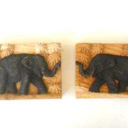 "Two Wood Carving Elephants Natural Teak Art Hand Carved Elephant Home Decor Wall Hanging/Gift Sculpture 5""x3.5" - thumbnail 2