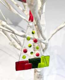 Fused Glass Christmas Tree Decoration Parcels Red, Green With Silver Star Red Hanging Ribbon Ornament Bauble Gift Present - thumbnail 1