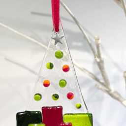 Fused Glass Christmas Tree Decoration Parcels Red, Green With Silver Star Red Hanging Ribbon Ornament Bauble Gift Present - thumbnail 2