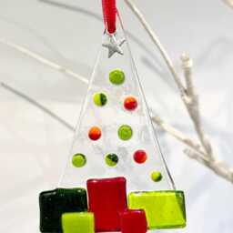 Fused Glass Christmas Tree Decoration Parcels Red, Green With Silver Star Red Hanging Ribbon Ornament Bauble Gift Present - thumbnail 3