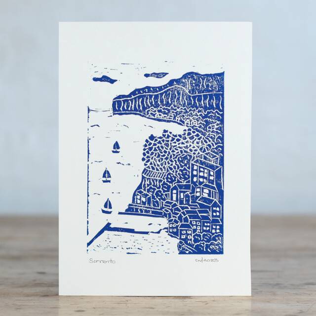 Sorrento Print, Amalfi Coast. Handprinted Linocut, Handmade. First Class Post - image 1