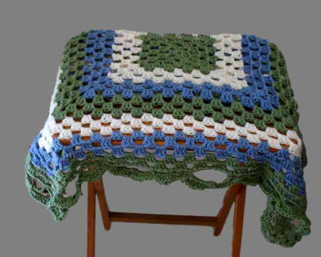 Crochet Baby Blanket, Blue Sage Green Afghan, Granny Square, Shell Edge - image 1