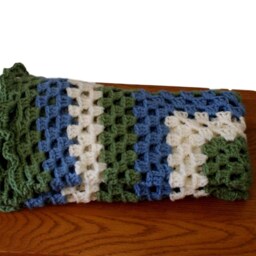 Crochet Baby Blanket, Blue Sage Green Afghan, Granny Square, Shell Edge - thumbnail 2