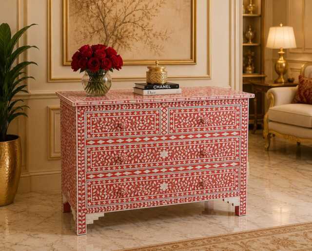 Designer Mother Of Pearl Pink Floral Pattern Chest 4 Drawers - image 1