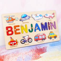 Personalized Transportation Name Puzzle For Kids - Educational Baby Gift With Cars, Trucks, Trains, Planes, Boats, Handmade Wood Toy 7141523 - thumbnail 1
