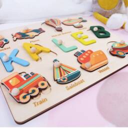 Personalized Transportation Name Puzzle For Kids - Educational Baby Gift With Cars, Trucks, Trains, Planes, Boats, Handmade Wood Toy 7141523 - thumbnail 3