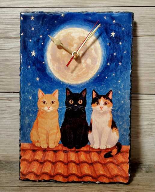 Cats On A Roof Under The Moon Slate Quartz Wall Clock. 19.5cm X 29.5cm - image 1