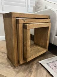 Rustic Wooden Reclaimed Timber Nest Of Tables Solid Wood Square Box Style Side Table Cube - thumbnail 1