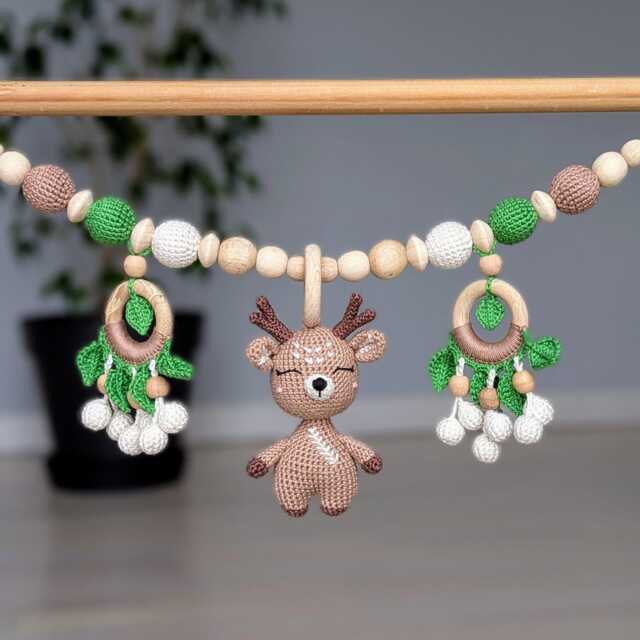 Crochet Stroller Chain With Deer Sensory Pram Garland, Natural Wood Baby Toy - image 1